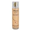 Rasasi Secret Body Mist 250 ml: a sleek transparent spray bottle labeled “Secret” with a light floral design background.
