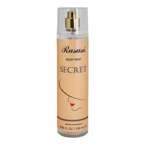 Rasasi Secret Body Mist 250 ml: a sleek transparent spray bottle labeled “Secret” with a light floral design background.